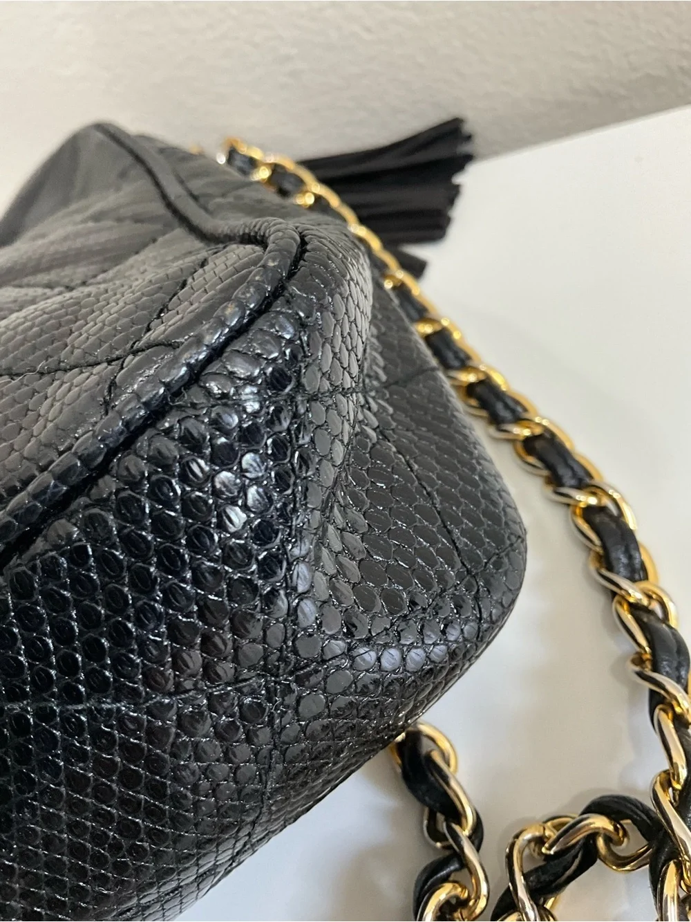 CHANEL Black Quilted Lizard Camera Bag CC Logo Tassel Gold Chain Crossbody CERT
